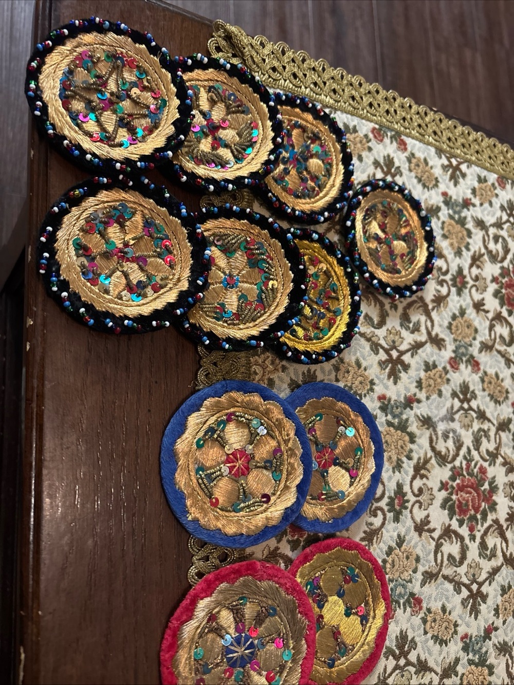 Vintage Handmade Zardozi Style Velvet Coasters Set of 11 Gold Embroidery Beads